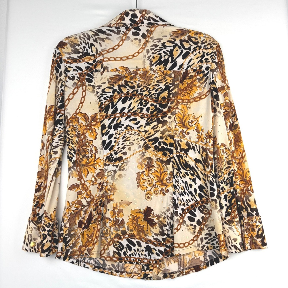 Cache Button Up Shirt Size Medium Gold Brown Leopard Chain Sequin Baroque - Picture 4 of 11